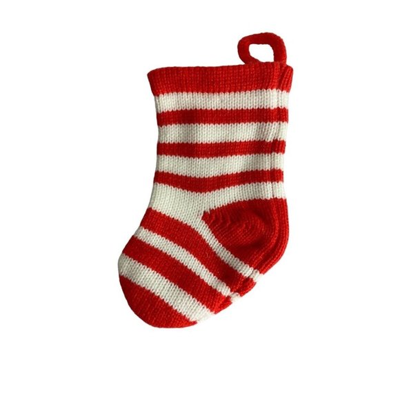 Cable Knit Mini Sweater Knit Christmas Stocking Red White Striped Pom Poms NEW - Picture 3 of 5